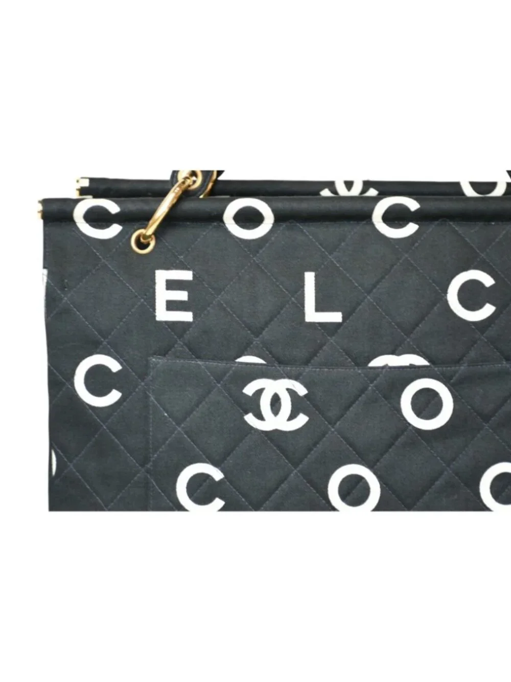 Chanel Handbag Quilted Black White Cotton Canvas Gold